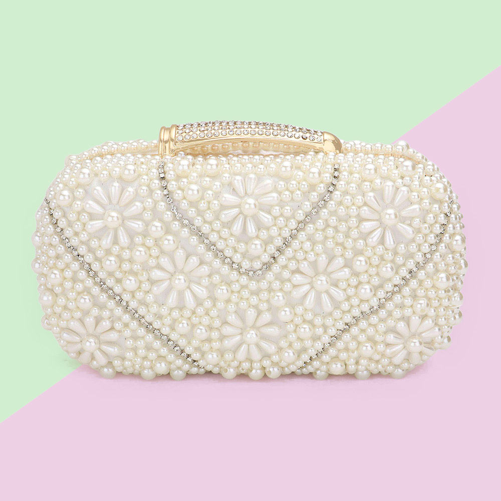 Women Elegant Pearl Clutch Bag- 12206 Cream - Church Suits For Less