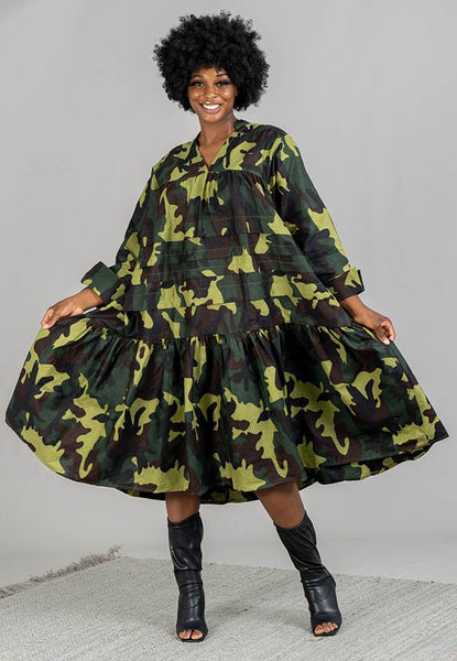 Kara Chic Print Dress 7580-Green Camo | Church suits for less